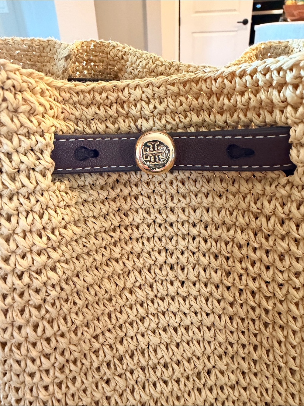 Like New Woven Straw Tote Bag with Brown Leather Trim - Picture 5 of 12